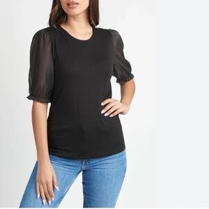 Black Crew Neck Top with Transparent Puff Short Sleeves, Women’s Medium